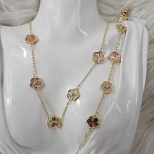 Clover Gold and Pink Floral Necklace And Earrings
